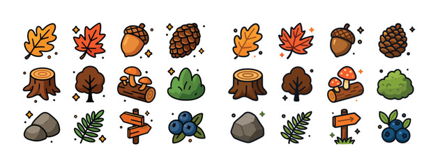 Obraz premium Autumn nature icons: leaves, acorns, mushrooms, and forest eleme