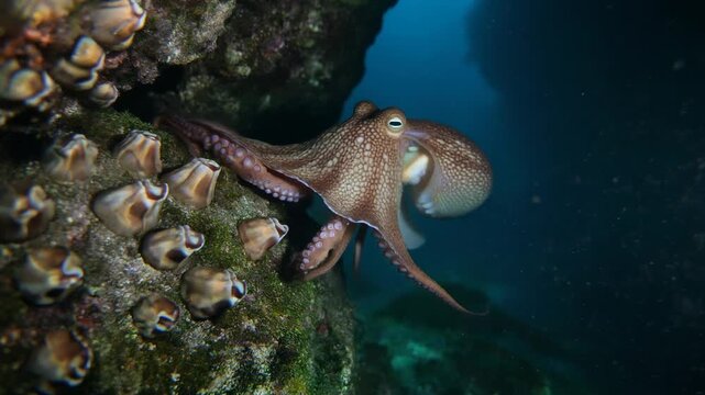 An octopus swims near a group of fish on a coral reef with a dark blue ocean background.