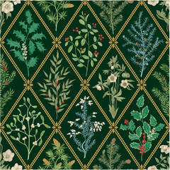 Floral trellis. Seamless vector pattern. Winter flora. Green 
