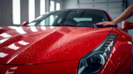 Red sports car being hand washed indoors with water droplets on glossy paint surface highlighting automotive care and premium vehicle detailing