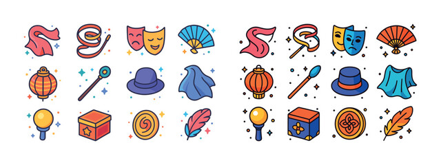 Colorful theater and magic icons featuring masks, fans, wands, l