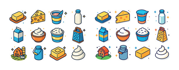 Colorful dairy product illustrations including cheese milk butte