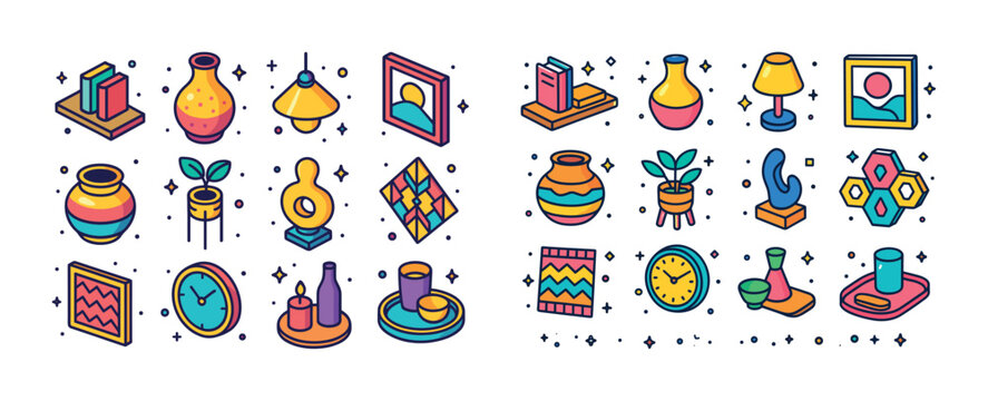 Colorful home decor icons: vases, clocks, lamps, frames, and pla