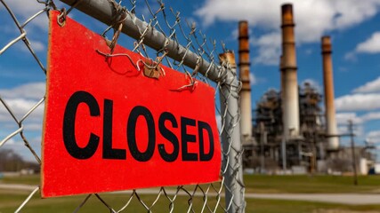 Sign indicating closure at a power plant with smokestacks in the background on a clear day