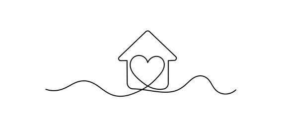 Home Sweet Home Continuous Line Icon, Love for home symbol in continuous line drawing style. Line art of heart with house. white background, Heart inside house 
continuous one.