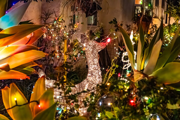 A Christmas decoration in the shape of a deer against the backdrop of a building, lights and plants in a night garden.

