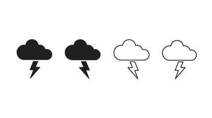 Four cloud with lightning bolt icons filled and outline on transparent background silhouette