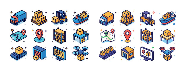 Colorful logistics and delivery icons featuring trucks, boxes, m