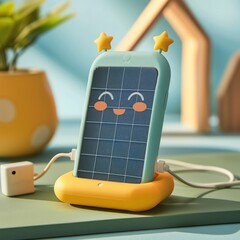 Cute Solar Powered Phone Stand with Smiling Face and Star Ears.
