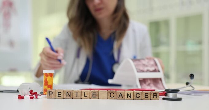 Wooden blocks spell phrase Penile Cancer near anatomical scans. Woman doctor reviews urology report explaining tumor staging options for patient