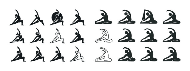 Silhouette icons of yoga poses: warrior and seated stretch varia