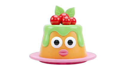 Cartoon Pudding Character with Cherries and Green Glaze
