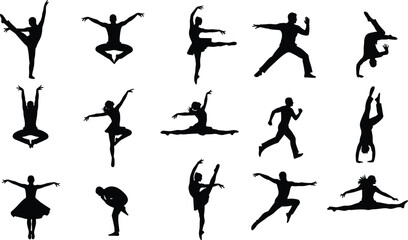 Dance silhouette vector set, athletic poses, ballet, handstand, leap, expressive movement, running, motion icon, human figure, performance art