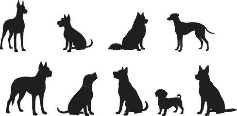 Dog silhouette vector set, pet poses, breed shapes, sitting, standing, puppy icon, black outline, canine design, animal graphic