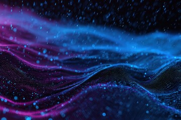 Abstract glowing digital waves with falling blue light particles