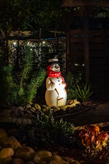 A decorative snowman stands in the night garden among the plants.
