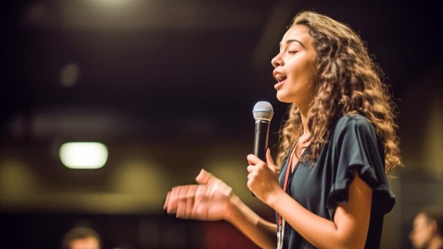 Conference, presentation or seminar and public speaking woman with microphone on stage for development speech. Perfect for events, public speaking, or presentations.