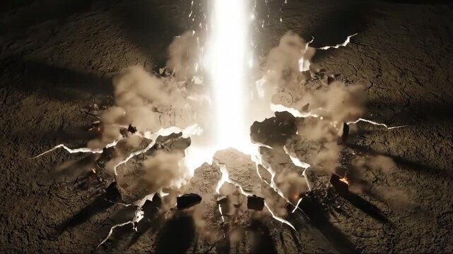 Dramatic light bursts from dry cracked earth in a cinematic reveal