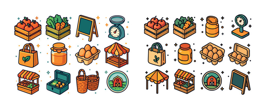 Colorful farmers market icons featuring produce stalls and fresh - Powered by Adobe