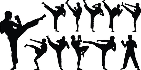 Martial arts kicking silhouette vector set, dynamic poses, combat technique, self-defense icon, black figure, athletic motionMartial arts kicking se, self-defense icon, black figure, athletic motion