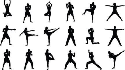 Martial arts and athletic silhouette vector set, yoga, boxing, kicking, stretching, meditation, fitness, dynamic pose, body movementv