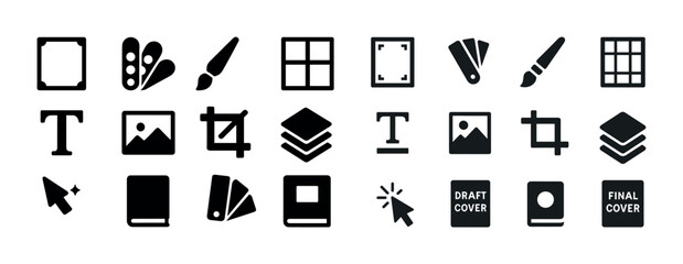 Design tool icons set: brushes, layers, cropping, and color pale