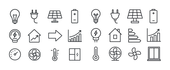 Energy efficiency icons: light bulb, plug, solar panel, battery,