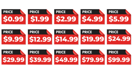 Price tags with various dollar amounts on transparent background