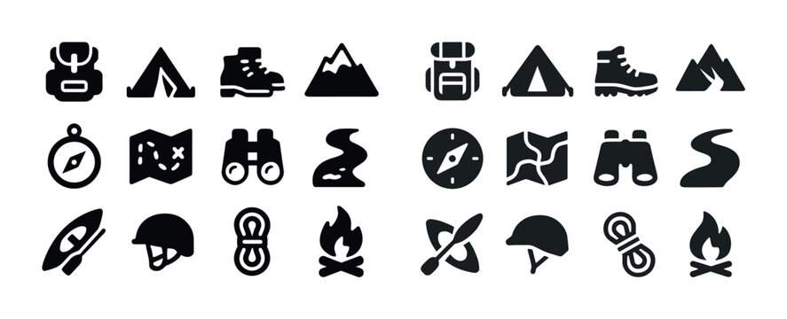 Outdoor adventure icons: backpack, tent, boots, mountains, compa