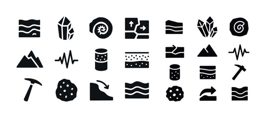 Black and white geology icons set featuring crystals, mountains,