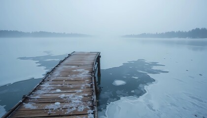 Serene frozen lake with a worn wooden dock, surrounded by snow-covered evergreen trees.