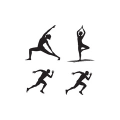 A minimalist collection of black-and-white silhouettes focused on fitness and wellness. It features people practicing yoga poses for balance and flexibility, alongside athletes in a dynamic running mo