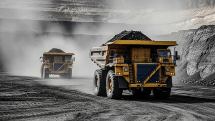 Two giant yellow mining dump trucks hauling coal or ore through heavy dust in a massive open-pit quarry under a dusty sky, symbolizing industry power and heavy construction logistics.