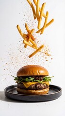 Gourmet beef hamburger with melted cheese and fresh greens on white plate. Flying crispy fries and spice particles in minimal studio food photography. Vertical bg