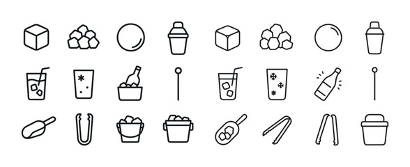 Fototapeta premium Outline icons of ice cubes, drinks, bottle coolers, and glasses