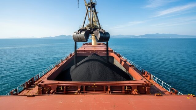 Bulk carrier ship loading coal into its cargo hold using a large industrial grab crane, set against the vast blue ocean and distant mountains on a sunny day