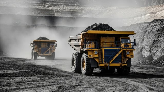 Two giant yellow mining dump trucks hauling coal or ore through heavy dust in a massive open-pit quarry under a dusty sky, symbolizing industry power and heavy construction logistics.