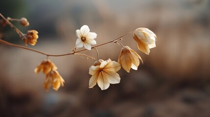 Delicate withered blossoms on a dry stem bathed in soft warm golden hour light showcasing natural decay and fragile beauty
