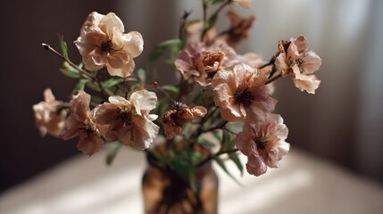 A bouquet of faded flowers with delicate brittle petals sits in a vase bathed in soft sunlight casting gentle shadows