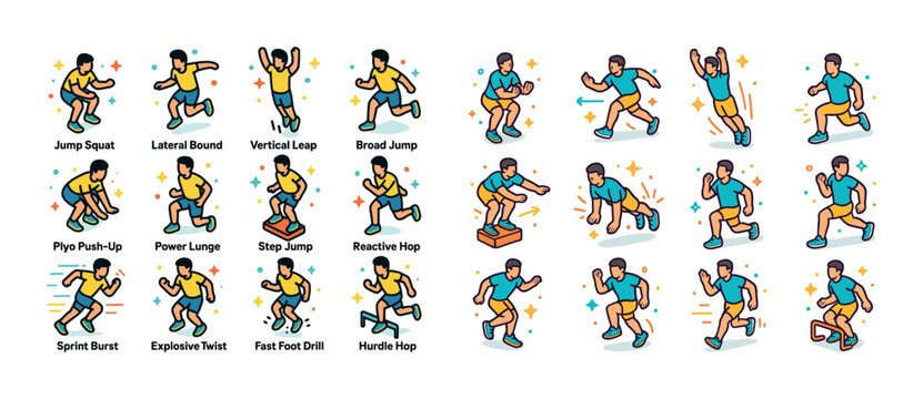Male athlete performing plyometric exercises - jump, lunge, hop,