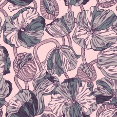 Elegant seamless pattern featuring luxurious Icelandic poppies, intertwining buds and stems in pink