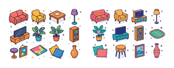 Colorful illustrated furniture and decor set with plants and acc