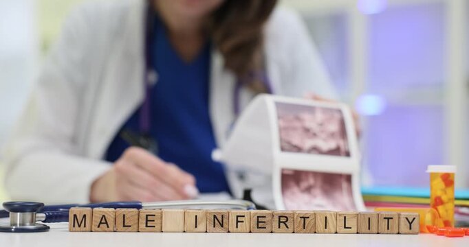 Wooden blocks spell words Male Infertility near fertility chart. Woman doctor reviews sperm analysis results writing treatment recommendations