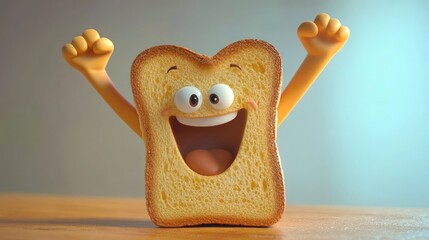 Excited Cartoon Slice of Bread Raising Arms in Joy.