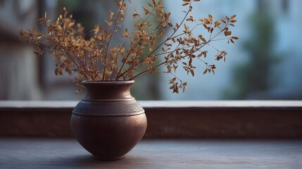 Fototapeta premium A rustic bronze vase filled with delicate dried stems rests on a wooden surface with a soft blurred background