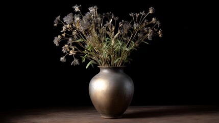 A rustic antique vase holds a delicate bouquet of dried flowers against a dark atmospheric background © Thares2020