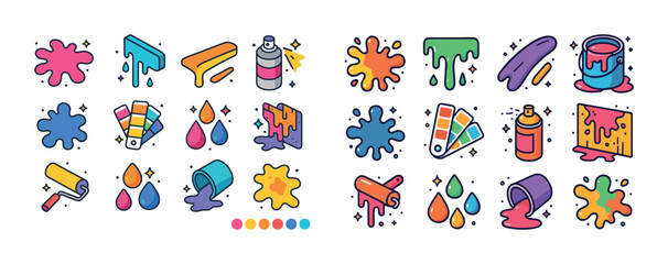 Fototapeta premium Set of colorful paint icons with splashes, brushes, and cans