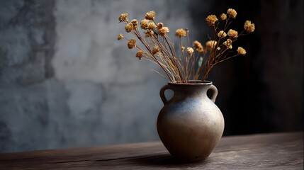 Fototapeta premium A delicate bouquet of dried flowers rests in a rustic ceramic vase against a textured grey background