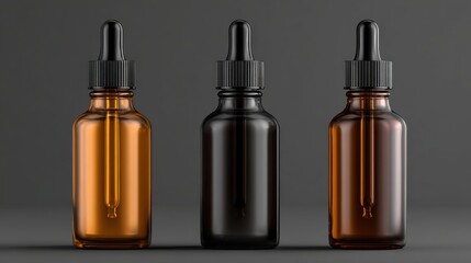Naklejka premium Three glass dropper bottles sit on a flat surface. They are in different colors and sizes. The bottles are ready for use in storing liquid products