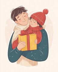 Father and Son Hugging with Wrapped Gift in Cozy Winter Outfits.